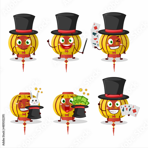 A yellow chinese lamp Magician cartoon character perform on a stage