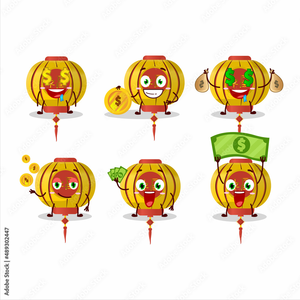 Yellow chinese lamp cartoon character with cute emoticon bring money