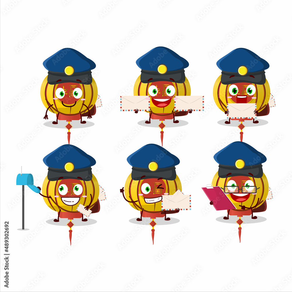 A picture of cheerful yellow chinese lamp postman cartoon design concept