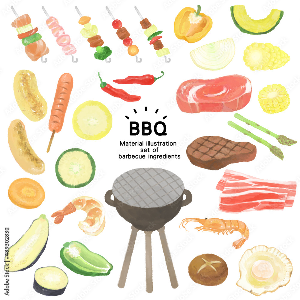 美味しそうなバーベキューの具材イラストセット バーベキュー レジャー 海鮮 グリル お肉 野菜 Stock Illustration Adobe Stock