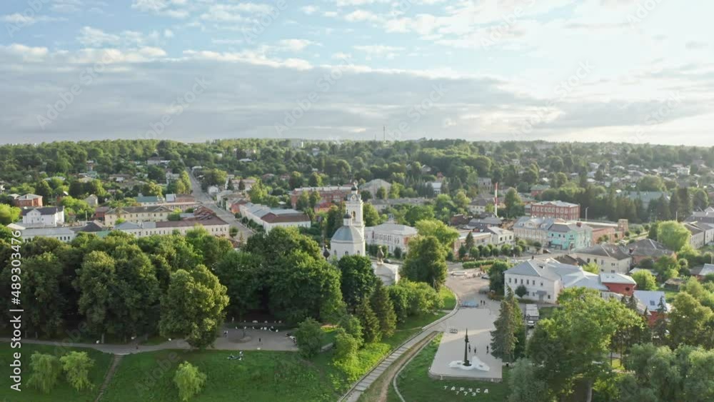 Cathedral of the Holy Apostles Peter and Paul, Tarusa, Beautiful summer aerial shots of the Oka river, forests, rivers and fields Russia Cathedral of the Holy Apostles Peter and Paul, Tarusa, Beautiful summer aerial shots of the Oka river, forests, rivers and fields Russia