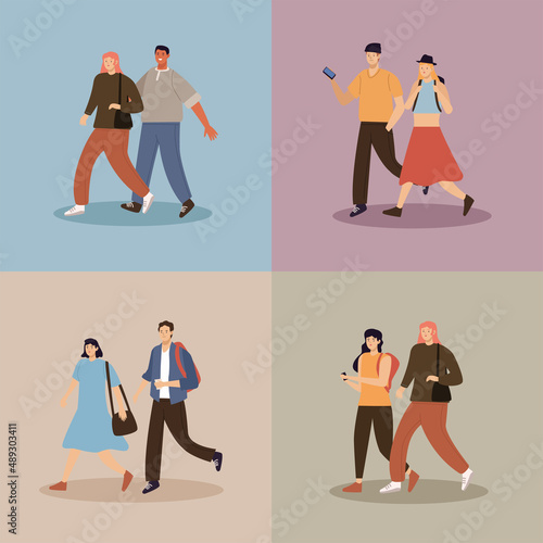 eight persons walking characters