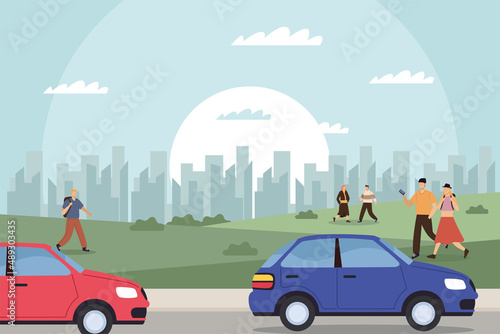 five persons and cars