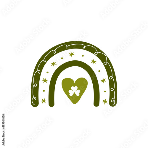 St. Patrick day rainbow in boho style. Bohemian illustration for irish holidays. Scandinavian design for postcard, sticker, clothes, wrapping paper, fabric. Cute vector illustration with shamrock.