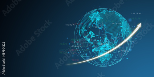 map world representing the global data business with network connection structure and light arrow growth up concept banner on blue background