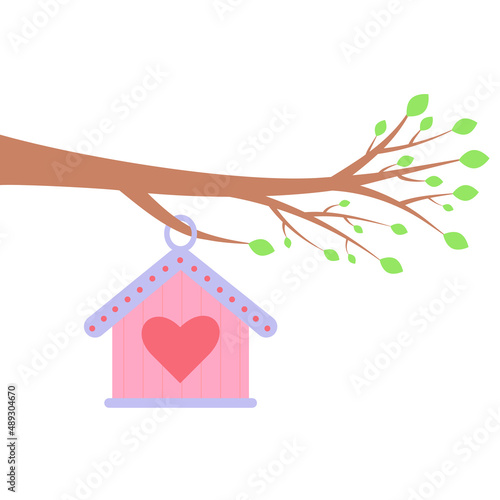 Birdhouse hanging on a branch with leaves. Vector illustration isolated on white background. © Julia G art
