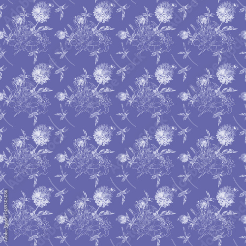 Floral seamless pattern. Lilac flowers of dahlia, gladiolus and iris on a lilac background. Very Peri Color of the Year 2022.