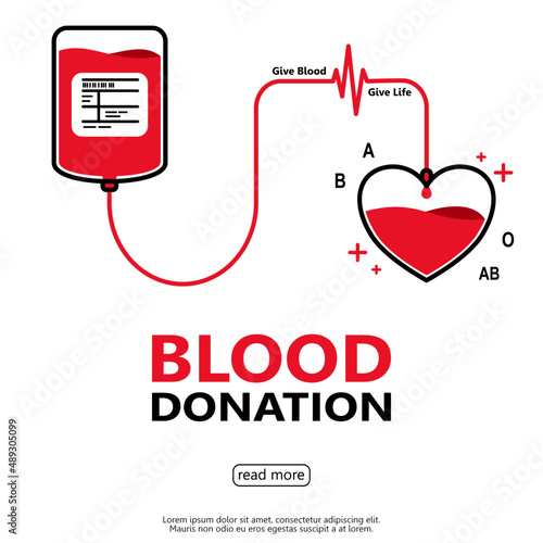 blood bag donated with heart, blood donor for poster, banner, card, and background. Vector illustration blood donation day concept.