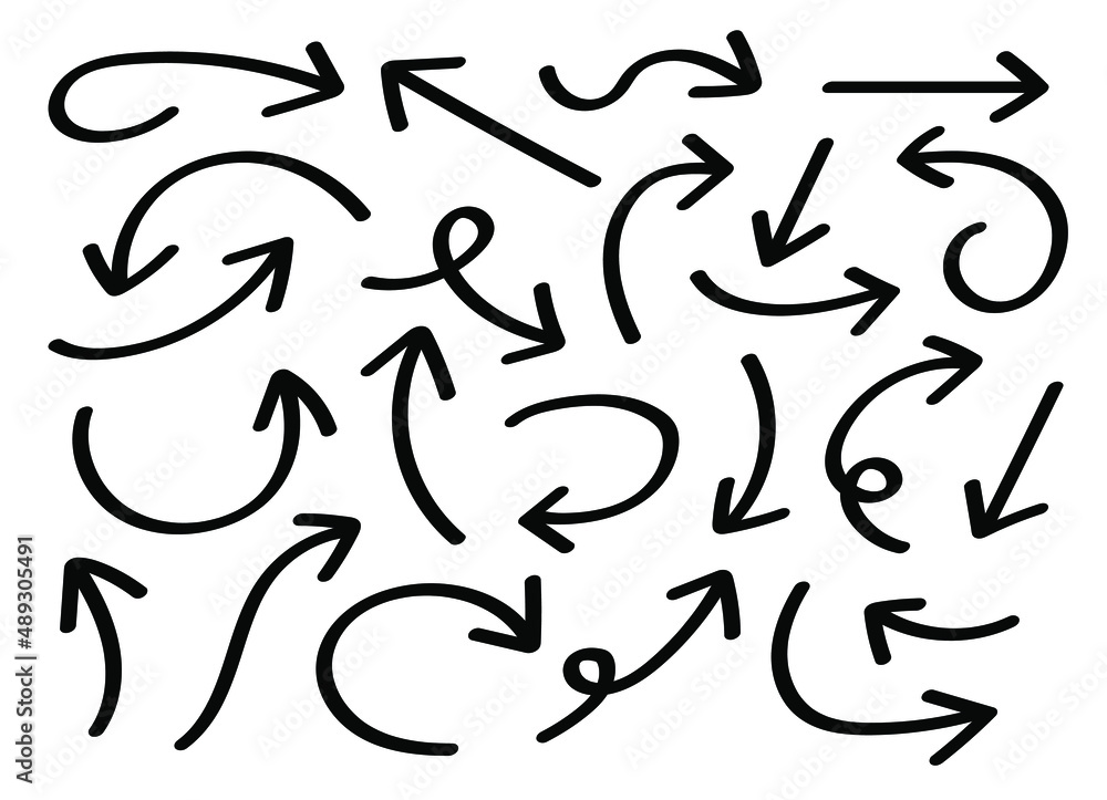 Hand drawn curve line arrows icon design set collection vector.  Pointer direction sketch doodle symbol.