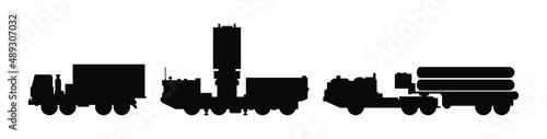 Air defense radar of military mobile missile launcher system in flat silhouette style design vector.