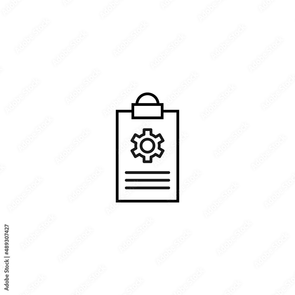 Document on clipboard sign. Vector outline symbol in flat style. Suitable for web sites, banners, books, advertisements etc. Line icon of gear on clipboard Document on clipboard sign. Vector outline symbol in flat style. Suitable for web sites, banners, books, advertisements etc. Line icon of gear on clipboard