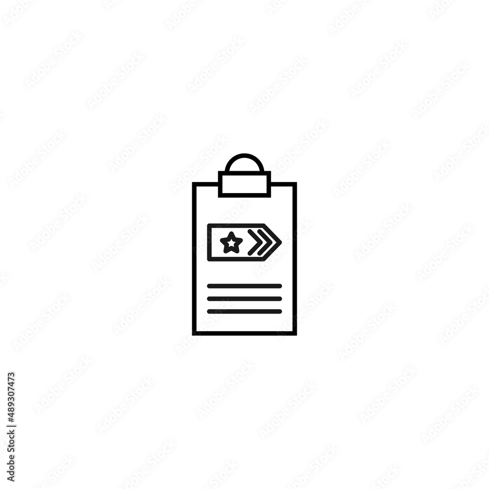Document on clipboard sign. Vector outline symbol in flat style. Suitable for web sites, banners, books, advertisements etc. Line icon of star and lines on epaulets on clipboard