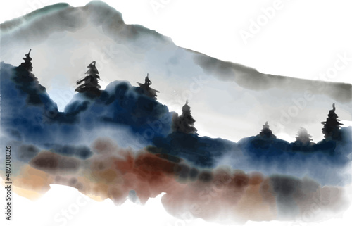 Watercolour style background of a mountain landscape