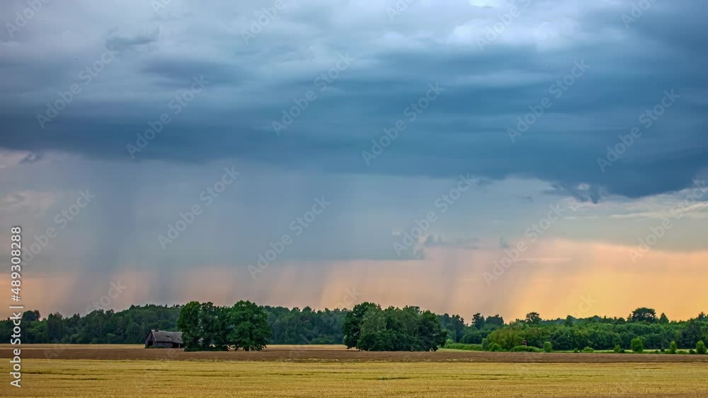 Picturesque View Of Countryside Farm During Sunset Summer. Timelapse Picturesque View Of Countryside Farm During Sunset Summer. Timelapse