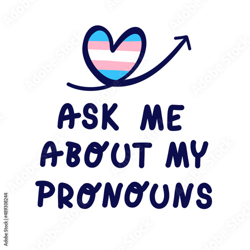 Ask My Pronouns handwritten phrase with arrows. Shy Enby’s Guide for Cis Trans People. Vector template illustration for banner, typography, poster, sticker, website page, article. Definition of gender