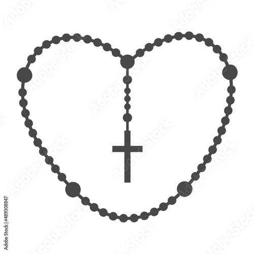 Rosary beads silhouette. Prayer jewelry for meditation. Catholic chaplet with a cross. Religion symbol. Vector illustration.