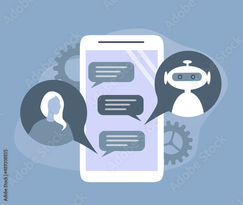 vector hand drawn illustration in flat style - a smartphone in which a chat bot communicates with a woman