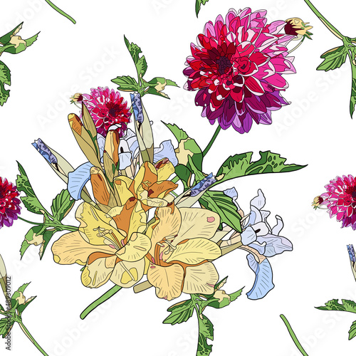 Yellow gladiolus flowers, pink dahlias and blue irises on a white background. Floral seamless pattern.