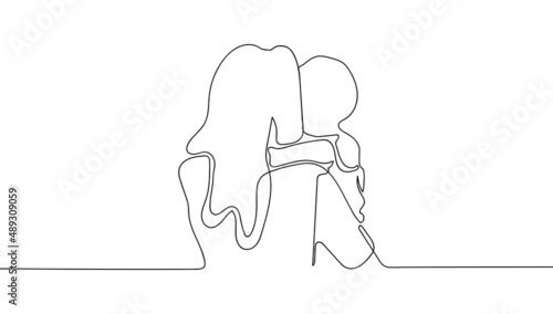 Happy Mother day card. Continuous one line drawing. Woman hold her baby. Vector illustration