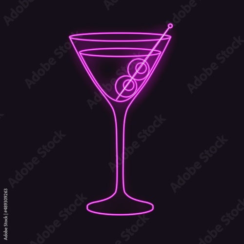 Neon martini cocktail. Vector illustration isolated on dark background