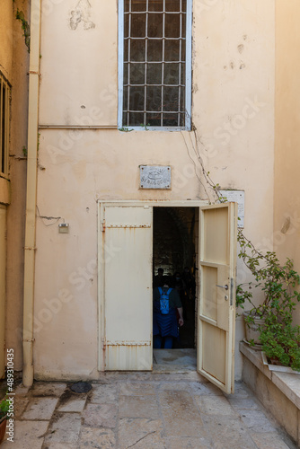 The entrance door to the church - synagogue in Nazareth, northern Israel