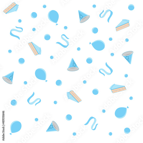 Motivo de pastel, serpentinas, globos, gorros y confeti en tonos azules photo