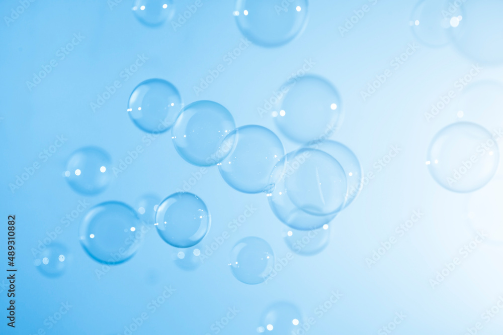 Beautiful Transparent Blue Soap Bubbles Texture Background.	
