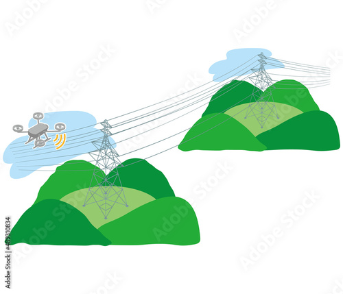 送電線の劣化を点検するドローンのアイソメイラスト