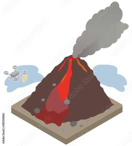 噴火している火山の調査を行うドローンのアイソメイラスト