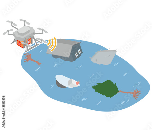 津波被害による浸水で被害状況の確認とレスキューを行うドローンのアイソメイラスト