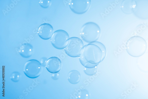 Beautiful Transparent Blue Soap Bubbles Texture Background. 
