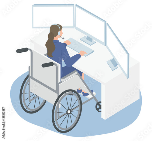 オフィスで働く車椅子の女性のアイソメイラスト