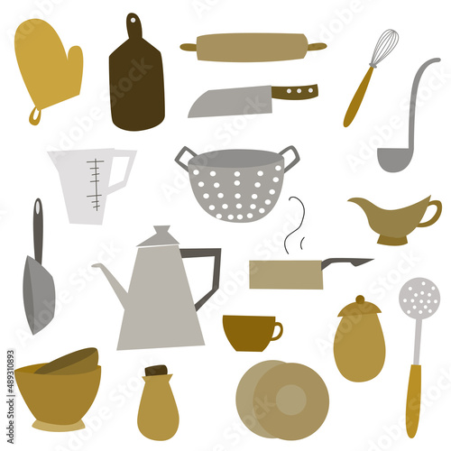 Kitchen utensils set. Kitchenware, cookware, kitchen collection. Tools for food preparation. Vector illustration.