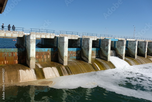 Aralsk, Kazakhstan - 10.06.2020 : The territory of the Kokaral dam. Regulation of the water level in the small Aral Sea.
