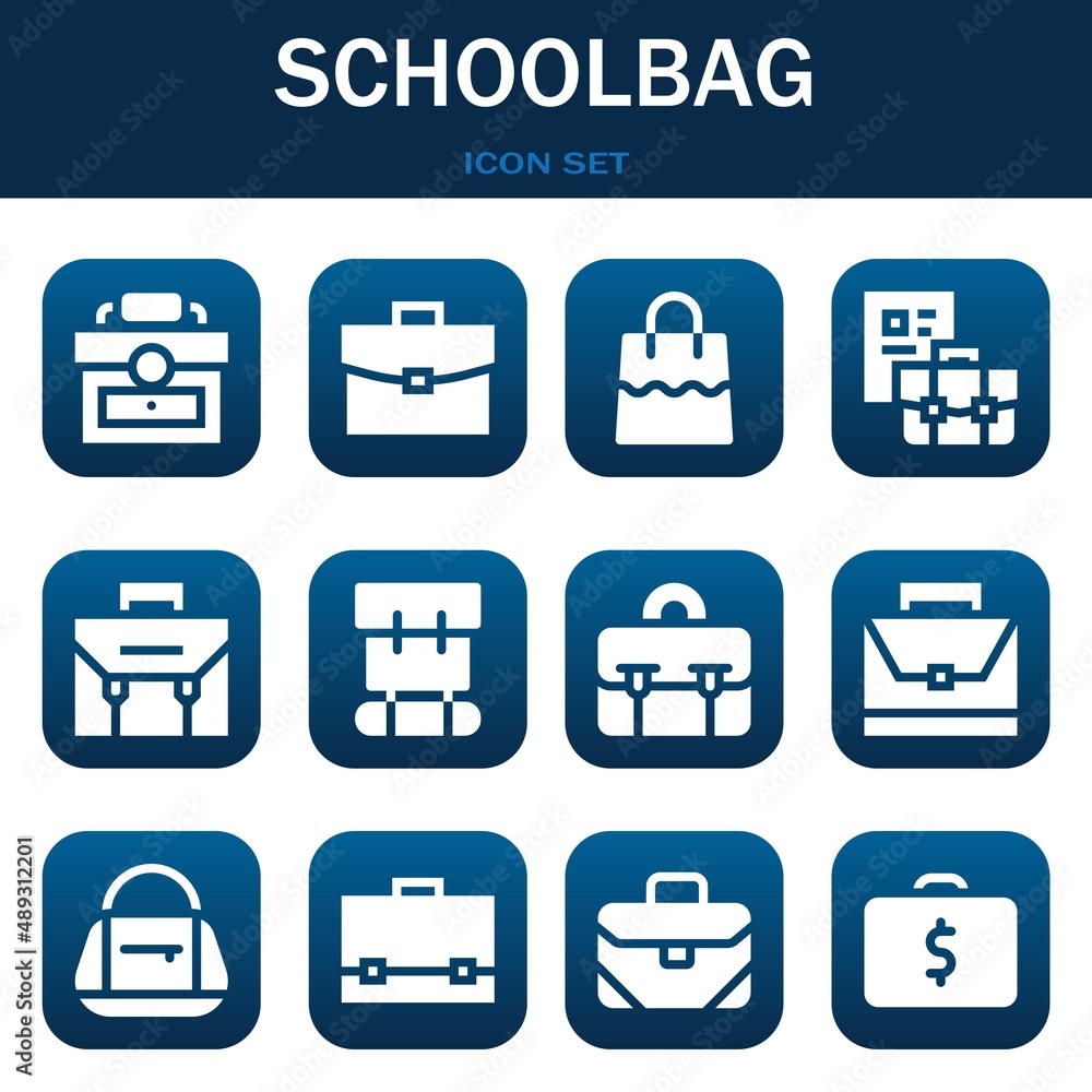 schoolbag icon set. Vector thin line illustrations related with Briefcase, Briefcase and Bag schoolbag icon set. Vector thin line illustrations related with Briefcase, Briefcase and Bag