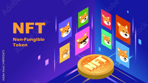 NFT theme design. Cryptographic art crypto art nft isometric composition with coin icons servers with lock and art collectors vector illustration