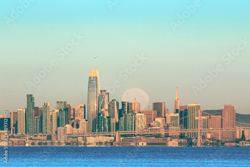 San Francisco city skyline at moonset