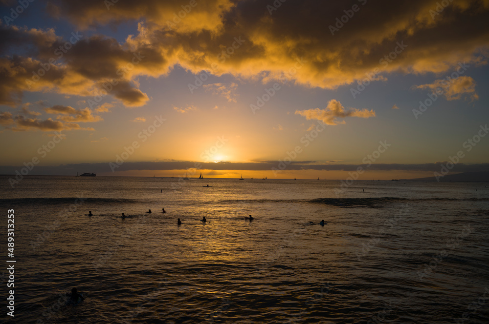 Waikiki Sunset With a Green Flash on The Horizon.