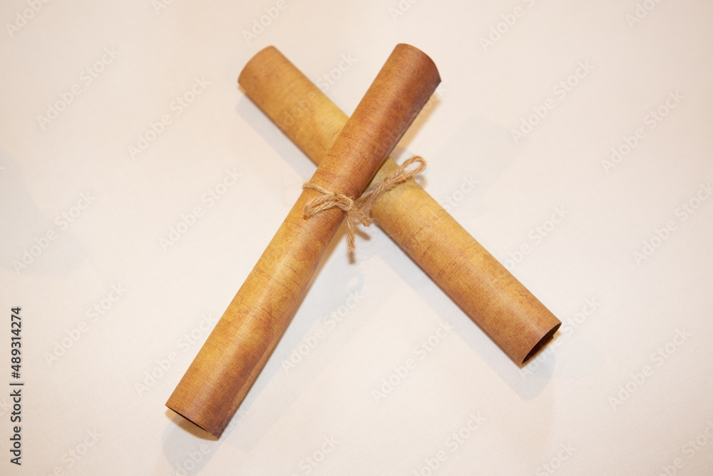 Old rolled paper parchment with string two rope Old rolled paper parchment with string two rope