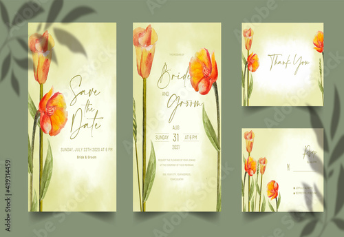 watercolor hand-drawn floral wedding invitation card set