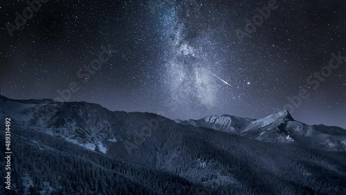 Timelapse of Tatra Mountains with milky way and falling stars photo