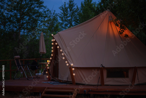 Tent at the glamping site at dusk