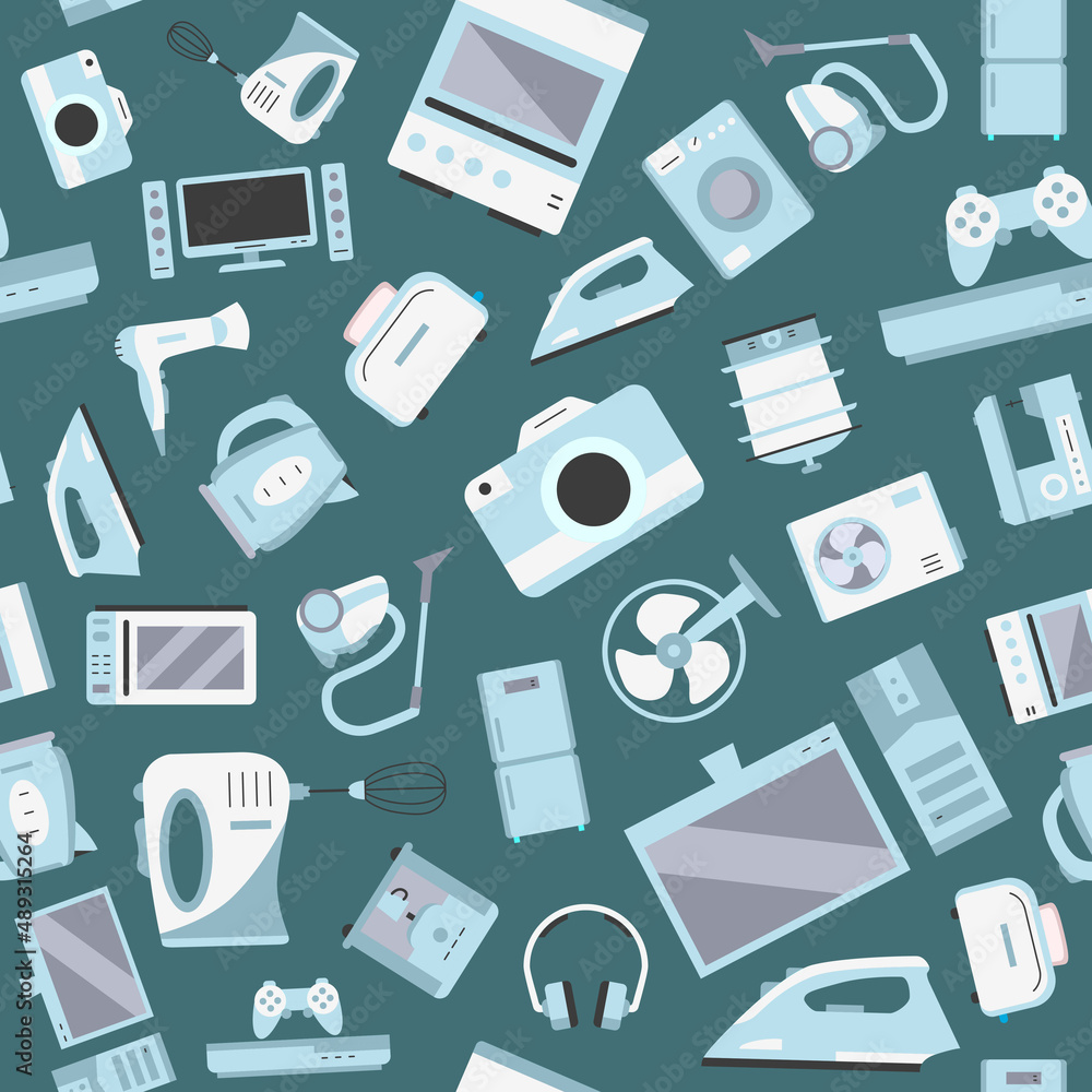 Electronics - Vector color background (seamless pattern) of symbols of camera, computer, washing machine, television and other appliances for graphic design