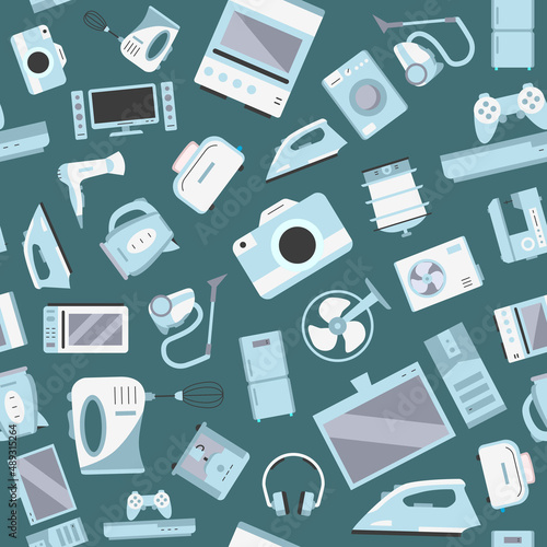 Electronics - Vector color background (seamless pattern) of symbols of camera, computer, washing machine, television and other appliances for graphic design