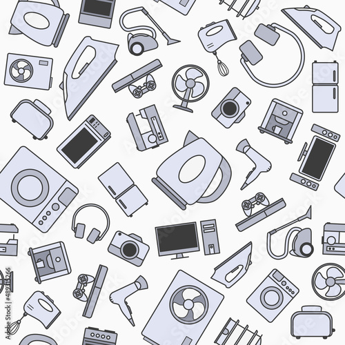 Electronics - Vector color background (seamless pattern) of symbols of camera, computer, washing machine, television and other appliances for graphic design