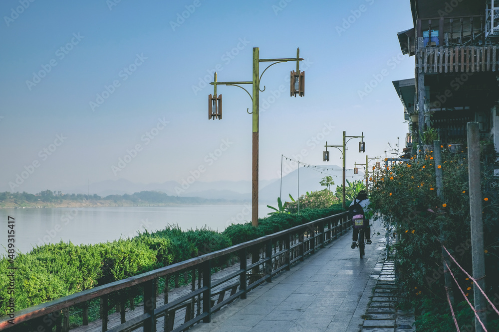 View of Chiang Khan Old Village during misty morning.The Village along the Mekong River are Thai-Laos border, which is now a famous tourist attraction of Loei Province Thailand.