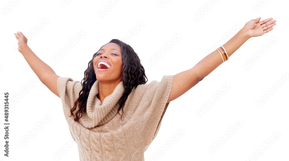 Enjoying the moment. Cropped view of a pretty african american woman smiling with her arms outstretched. Enjoying the moment. Cropped view of a pretty african american woman smiling with her arms outstretched.