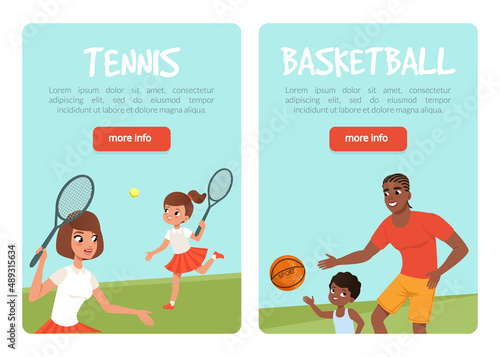 Landing Page with Happy Family Doing Sport Activity Together Vector Template