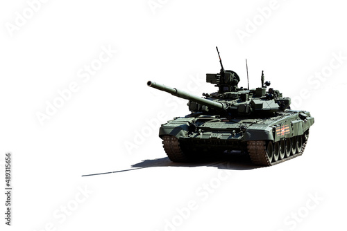 A Russian tank isolated for an anti-war poster.