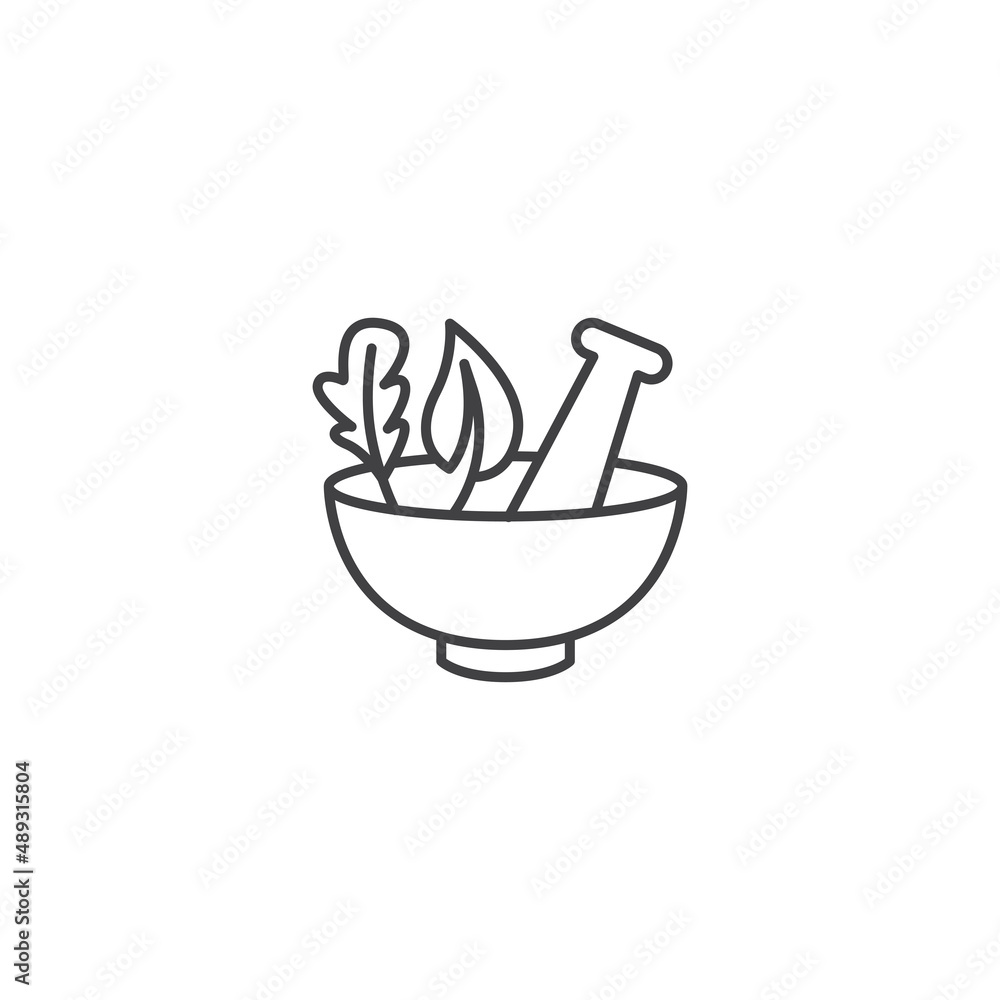 Pharmacy, mortar pestle with herb, leaf. Vector outline icon template Pharmacy, mortar pestle with herb, leaf. Vector outline icon template